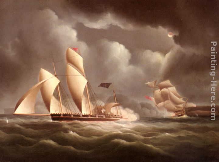 A British Frigate Attacking A Pirate Lugger At Night painting - James E. Buttersworth A British Frigate Attacking A Pirate Lugger At Night art painting